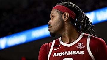 Feb 15, 2025; College Station, Texas, USA; Arkansas Razorbacks forward Jonas Aidoo (9) looks on during the second half against the Texas A&M Aggies at Reed Arena. Mandatory Credit: Maria Lysaker-Imagn Images 