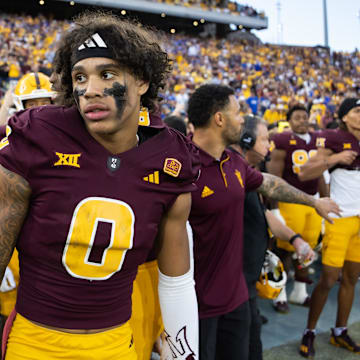 Nov 23, 2024; Tempe, Arizona, USA; Arizona State Sun Devils wide receiver Jordyn Tyson (0) against the Brigham Young Cougars at Mountain America Stadium. Mandatory Credit: Mark J. Rebilas-Imagn Images
