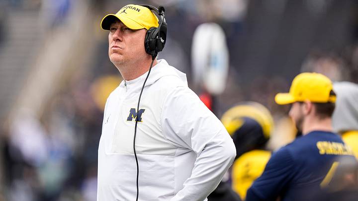 Michigan offensive line coach Jim Harding watches a play during the spring game at Michigan Stadium in Ann Arbor on Saturday, April 18, 2026.