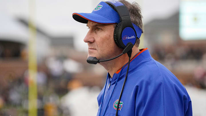 Nov 20, 2021; Columbia, Missouri, USA; Florida Gators head coach Dan Mullen watches play against the Missouri Tigers during the game at Faurot Field at Memorial Stadium. Mandatory Credit: Denny Medley-Imagn Images