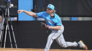 Feb 17, 2024; Jupiter, FL, USA; Miami Marlins pitcher Darren McCaughan (47) delivers a pitch during a bullpen session.