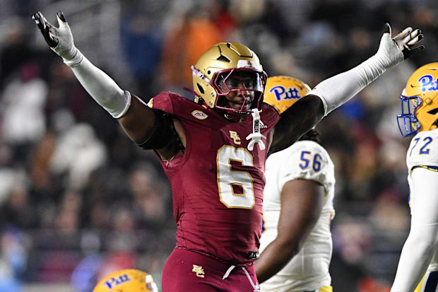 Boston College Eagles defensive end Donovan Ezeiruaku reacts after a sack against the Pittsburgh Panthers.