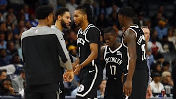 Oct 30, 2024; Memphis, Tennessee, USA; Brooklyn Nets forward Ziaire Williams (1) reacts with teammates as he walks toward the bench during the second half against the Memphis Grizzlies at FedExForum. Mandatory Credit: Petre Thomas-Imagn Images