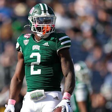 Dec 20, 2024; Orlando, FL, USA; Ohio Bobcats running back Anthony Tyus III (2) reacts after a play against the Jacksonville State Gamecocks in the second quarter at Camping World Stadium. Mandatory Credit: Nathan Ray Seebeck-Imagn Images