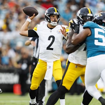 Aug 9, 2025; Jacksonville, Florida, USA; Pittsburgh Steelers quarterback Mason Rudolph (2) throws the ball against the Jacksonville Jaguars during the first quarter at EverBank Stadium. Mandatory Credit: Morgan Tencza-Imagn Images