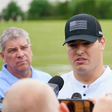 Cincinnati Bengals Trey Hendrickson speaks at a press conference after practice at voluntary OTAs.