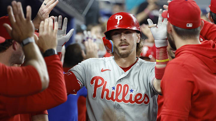 May 1,  2026; Miami, Florida, USA;  Philadelphia Phillies second baseman Bryson Stott (5) celebrates his home run with teammates against the Miami Marlins during the seventh inning loanDepot Park. Mandatory Credit: Rhona Wise-Imagn Images