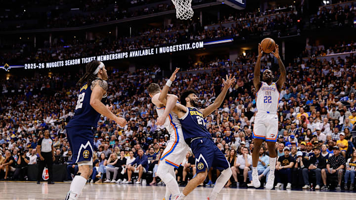May 11, 2025; Denver, Colorado, USA; Oklahoma City Thunder guard Cason Wallace (22) grabs a rebound as Denver Nuggets guard Jamal Murray (27) is tied up with center Isaiah Hartenstein (55) as forward Aaron Gordon (32) defends in the second quarter during game four of the second round of the 2025 NBA Playoffs at Ball Arena. Mandatory Credit: Isaiah J. Downing-Imagn Images May 11, 2025; Denver, Colorado, USA; Oklahoma City Thunder guard Cason Wallace (22) grabs a rebound as Denver Nuggets guard Jamal Murray (27) is tied up with center Isaiah Hartenstein (55) as forward Aaron Gordon (32) defends in the second quarter during game four of the second round of the 2025 NBA Playoffs at Ball Arena. Mandatory Credit: Isaiah J. Downing-Imagn Images