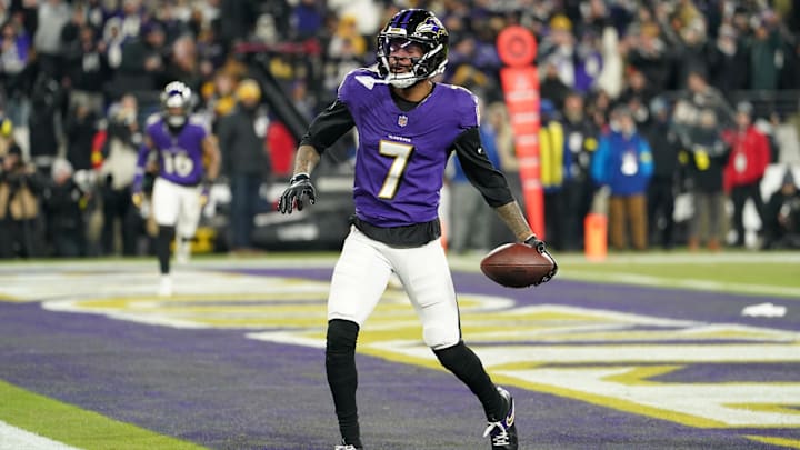 Baltimore Ravens wide receiver Rashod Bateman celebrates after scoring a touchdown against the Pittsburgh Steelers.