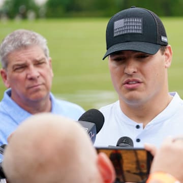 Cincinnati Bengals Trey Hendrickson speaks at a press conference after practice, Tuesday, May 13, 2025, at Kettering Health Practice Fields in Downtown Cincinnati.