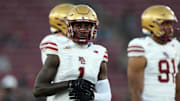 Sep 13, 2025; Stanford, California, USA; Boston College Eagles wide receiver Jaedn Skeete (1) stands on the field before the game against the Stanford Cardinal at Stanford Stadium. Mandatory Credit: Darren Yamashita-Imagn Images