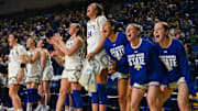 South Dakota State Jackrabbits women’s basketball team cheers for the score on Thursday, Jan. 9, 2025, at First Bank and Trust in Brookings, S.D.