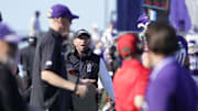 Aug 31, 2024; Evanston, Illinois, USA; Northwestern Wildcats head coach David Braun on the field after a score against the Miami (Oh) Redhawks during the second half at Lanny and Sharon Martin Stadium. Mandatory Credit: David Banks-Imagn Images