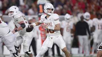 Nov 15, 2025; Athens, Georgia, USA; Texas Longhorns quarterback Arch Manning (16) looks to make a pass in the second half against the Georgia Bulldogs at Sanford Stadium. Mandatory Credit: Brett Davis-Imagn Images