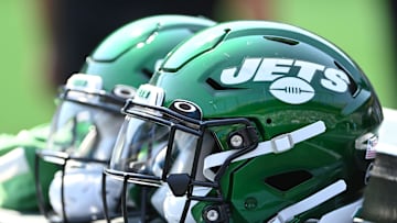 Sep 12, 2021; Charlotte, North Carolina, USA;  New York Jets helmets on the sidelines at Bank of America Stadium. Mandatory Credit: Bob Donnan-Imagn Images