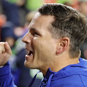 Nov 2, 2025; Landover, Maryland, USA; Seattle Seahawks head coach Mike Macdonald reacts to the win against the Washington Commanders at Northwest Stadium. Mandatory Credit: Amber Searls-Imagn Images