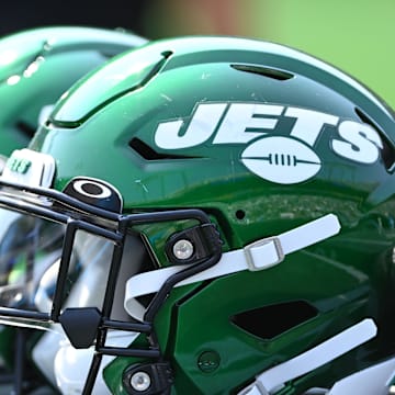 Sep 12, 2021; Charlotte, North Carolina, USA;  New York Jets helmets on the sidelines at Bank of America Stadium. Mandatory Credit: Bob Donnan-Imagn Images