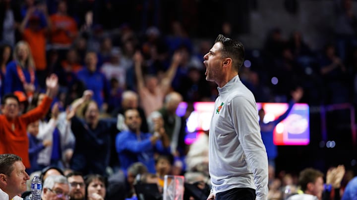 Feb 1, 2026; Gainesville, Florida, USA; Florida Gators head coach Todd Golden reacts toward the crowd against the Alabama Crimson Tide during the second half at Exactech Arena at the Stephen C. O'Connell Center. Mandatory Credit: Matt Pendleton-Imagn Images