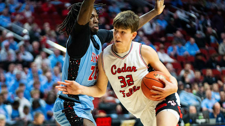 Cedar Falls' William Gerdes drives to the basket against Debuque Senior on Monday, March 10, 2025, at Wells Fargo Arena in Des Moines.