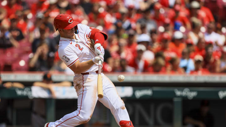 Cincinnati Reds first baseman Ty France (2) bats against the San Francisco Giants in the second inning at Great American Ball Park on Aug 4.