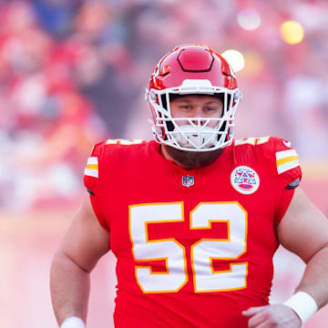 Jan 26, 2025; Kansas City, MO, USA; Kansas City Chiefs center Creed Humphrey (52) against the Buffalo Bills in the AFC Championship game at GEHA Field at Arrowhead Stadium. Mandatory Credit: Mark J. Rebilas-Imagn Images