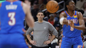 Jan 8, 2024; Washington, District of Columbia, USA; Oklahoma City Thunder head coach Mark Daigneault (M) watches as Thunder forward Jalen Williams (8) passes the ball to Thunder guard Josh Giddey (3) against the Washington Wizards in the second quarter at Capital One Arena. Mandatory Credit: Geoff Burke-USA TODAY Sports