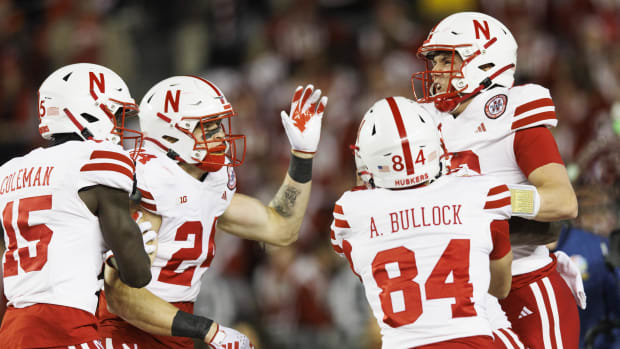 Nebraska Cornhuskers quarterback Chubba Purdy (12) celebrates after scoring a touchdown during the first quarter against the 