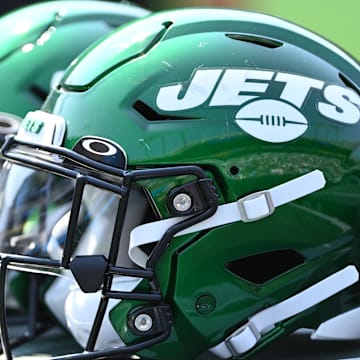 Sep 12, 2021; Charlotte, North Carolina, USA;  New York Jets helmets on the sidelines at Bank of America Stadium. Mandatory Credit: Bob Donnan-Imagn Images