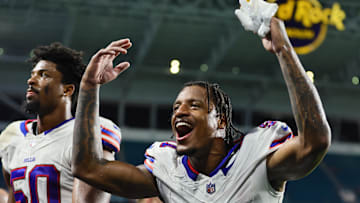 Buffalo Bills cornerback Rasul Douglas celebrates after the game against the Buffalo Bills at Hard Rock Stadium.