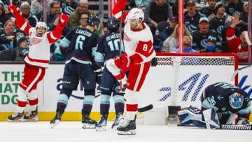 Feb 19, 2024; Seattle, Washington, USA; Detroit Red Wings defenseman Ben Chiarot (8) celebrates