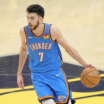 Jun 13, 2025; Indianapolis, Indiana, USA; Oklahoma City Thunder forward Chet Holmgren (7) dribbles the ball against the Indiana Pacers during the first half during game four of the 2025 NBA Finals at Gainbridge Fieldhouse. Mandatory Credit: Kyle Terada-Imagn Images
