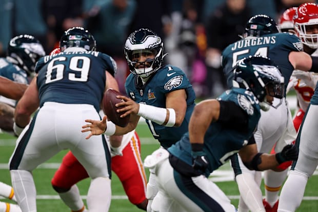 Former Alabama Crimson Tide offensive lineman Landon Dickerson of the Philadelphia Eagles in Super Bowl LIX.