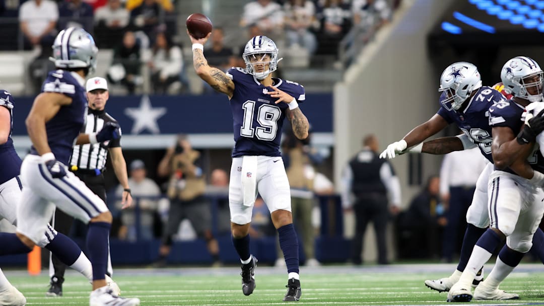 Jan 5, 2025; Arlington, Texas, USA; Dallas Cowboys quarterback Trey Lance (19) throws a pass against the Washington Commanders during the third quarter at AT&T Stadium. Mandatory Credit: Tim Heitman-Imagn Images