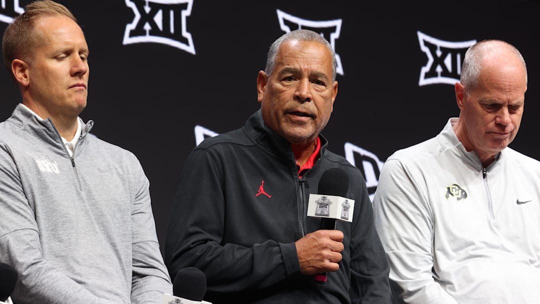 Oct 22, 2025; Kansas City, MO, USA; Houston head coach Kelvin Sampson speaks to media during Big 12 Menís Basketball media day at T-Mobile Center. Mandatory Credit: Sophia Scheller-Imagn Images