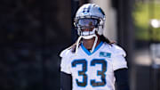 Jul 24, 2025; Charlotte, NC, USA; Carolina Panthers linebacker Princely Umanmielen (33) walks up to training camp. Mandatory Credit: Scott Kinser-Imagn Images