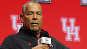 Oct 22, 2025; Kansas City, MO, USA; Houston head coach Kelvin Sampson speaks to media during Big 12 Menís Basketball media day at T-Mobile Center. Mandatory Credit: Sophia Scheller-Imagn Images