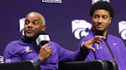 Kansas State head coach Jerome Tang and PJ Haggerty. Mandatory Credit: Sophia Scheller-Imagn Images