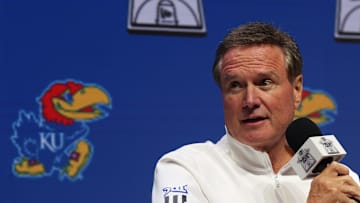 Oct 22, 2025; Kansas City, MO, USA; Kansas head coach Bill Self speaks to media during Big 12 Menís Basketball media day at T-Mobile Center. Mandatory Credit: Sophia Scheller-Imagn Images