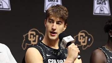 Oct 22, 2025; Kansas City, MO, USA; Colorado's Sebastian Rancik speaks to media during Big 12 Menís Basketball media day at T-Mobile Center. Mandatory Credit: Sophia Scheller-Imagn Images