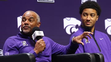 Kansas State head coach Jerome Tang and PJ Haggerty. Mandatory Credit: Sophia Scheller-Imagn Images