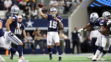 Jan 5, 2025; Arlington, Texas, USA; Dallas Cowboys quarterback Trey Lance (19) throws a pass against the Washington Commanders during the third quarter at AT&T Stadium. Mandatory Credit: Tim Heitman-Imagn Images