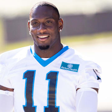 Jul 24, 2025; Charlotte, NC, USA; Carolina Panthers linebacker Nic Scourton (11) walks up for training camp. Mandatory Credit: Scott Kinser-Imagn Images