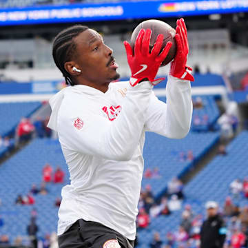 Nov 17, 2024; Orchard Park, New York, USA; Kansas City Chiefs wide receiver Mecole Hardman (17) warms up prior to the game against the Buffalo Bills at Highmark Stadium. 