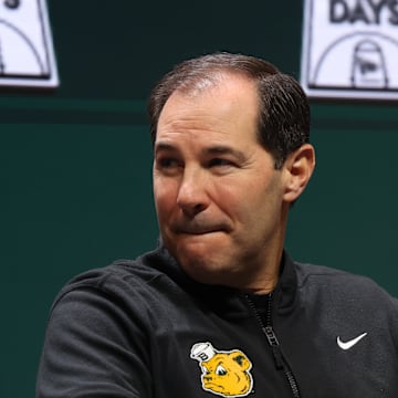 Oct 22, 2025; Kansas City, MO, USA; Baylor head coach Scott Drew speaks to media during Big 12 Menís Basketball media day at T-Mobile Center. Mandatory Credit: Sophia Scheller-Imagn Images
