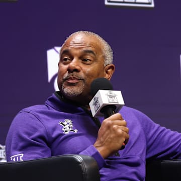 Kansas State head coach Jerome Tang and PJ Haggerty. Mandatory Credit: Sophia Scheller-Imagn Images