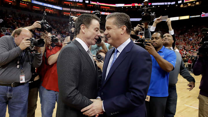 Kentucky v Louisville; Rick Pitino and John Calipari meet prior to tipoff of a Kentucky and Louisville game