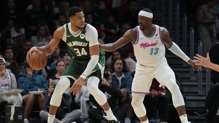 Apr 5, 2025; Miami, Florida, USA;  Milwaukee Bucks forward Giannis Antetokounmpo (34) looks to shoot as Miami Heat center Bam Adebayo (13). Mandatory Credit: Jim Rassol-Imagn Images