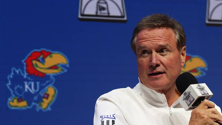 Oct 22, 2025; Kansas City, MO, USA; Kansas head coach Bill Self speaks to media during Big 12 Menís Basketball media day at T-Mobile Center. Mandatory Credit: Sophia Scheller-Imagn Images