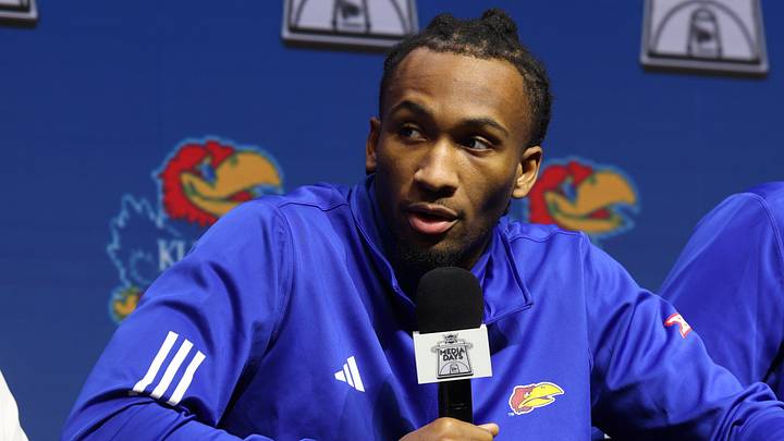 Oct 22, 2025; Kansas City, MO, USA; Kansas guard Darryn Peterson speaks to media during Big 12 Menís Basketball media day at T-Mobile Center. Mandatory Credit: Sophia Scheller-Imagn Images