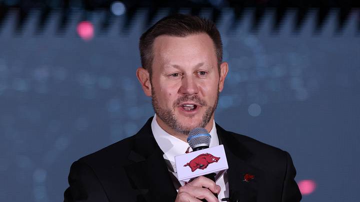 Dec 1, 2025; Fayetteville, AR, USA; Arkansas Razorbacks head football coach Ryan Silverfield during his introduction at a public celebration in the Walker Indoor Pavilion. Mandatory Credit: Nelson Chenault-Imagn Images